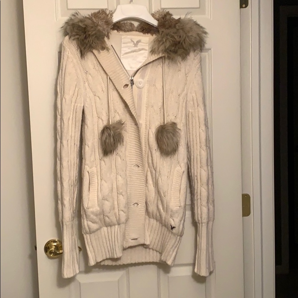 American Eagle Fur Hood Full Zip Cable Knit